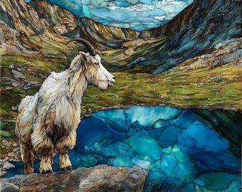 a mountain goat on a Beartooth Ceramic Tile, Wyoming Wall Art, Stained Glass Wall Art, Wyoming Nature Gift, Gift for Wyoming Wildlife Lover