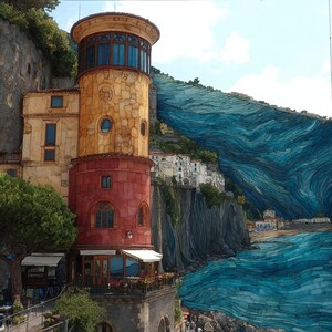 May include: A detailed illustration of a coastal scene featuring a tall, cylindrical tower with a red base and yellow stone upper section. The tower overlooks a steep cliffside with white buildings and a vibrant, swirling blue sea and sky.