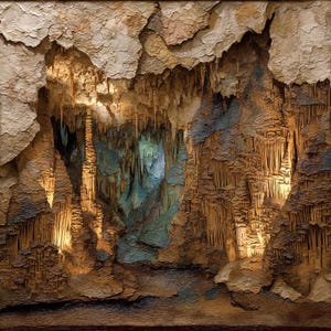 May include: A textured wall art piece depicting a cavern interior with layered rock formations, hanging stalactites, and rising stalagmites. The scene features earthy brown, tan, and cream tones with deep blue shadows, creating a three-dimensional effect.