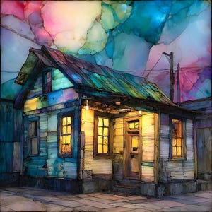 May include: A small house with weathered siding, a gabled roof, and multiple windows glowing with warm yellow light. The structure is set against a vibrant, abstract sky filled with swirling shades of pink, blue, and teal, creating a high-contrast scene.