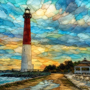 May include: A tall lighthouse with a red and white cylindrical tower stands beside a body of water under a vibrant, mosaic-style sky of blue, yellow, and orange clouds. A wooden gazebo sits on a paved path near the base of the lighthouse structure.