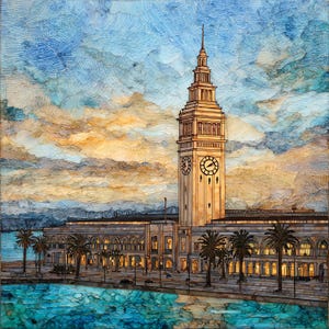 May include: An artistic rendering of a building with a clock tower, palm trees, and a waterfront. The artwork features a beige building with a clock tower against a backdrop of a blue and orange sky. The water is a vibrant turquoise.