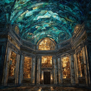 May include: An artistic rendering of a grand hall with a stained-glass ceiling in shades of teal and blue. Large arched windows allow golden light to stream in, illuminating the marble columns and ornate architectural details. The overall effect is a blend of classical and artistic styles.