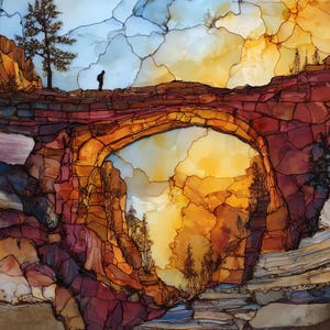 May include: An abstract painting depicts a hiker on a stone bridge with an archway. The artwork features warm colors like orange, yellow, and red, with a blue and white sky. The style resembles watercolor or ink wash, with visible brushstrokes and textures.