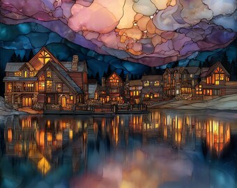 Grand Lake at twilight Rocky Mountain National Park Ceramic Art Tile, Stained Glass Wall Art, Colorado Travel Gift, Alpine Lake Wall Art