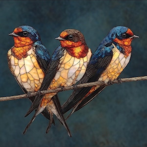 May include: Three swallows perched on a wire, rendered in a stained glass style. The birds feature deep blue wings, dark heads, and vibrant orange-red throats, with bodies composed of segmented, light-colored glass pieces and dark outlines.