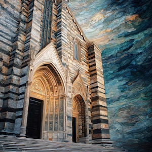 May include: An architectural image of a cathedral with a detailed facade. The building features arched doorways, ornate carvings, and a striped pattern of light and dark stone. The sky is a dramatic mix of blues and golds.