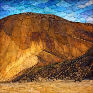May include: A square art print featuring a mosaic-style landscape of a large brown mountain under a blue sky. The mountain is composed of irregular, interlocking shapes in shades of tan, ochre, and dark brown, with a textured, cracked ground foreground.