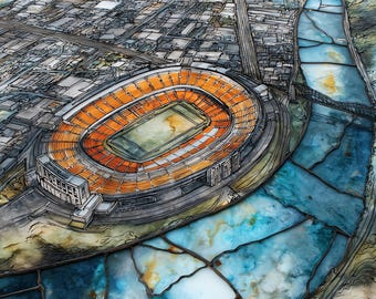 May include: An aerial view illustration of a large oval stadium with orange seating sections surrounding a central field. The stadium is situated next to a winding blue river and a dense urban grid of grey buildings, roads, and bridges.