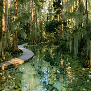 May include: A winding wooden boardwalk curves through a lush swamp forest filled with tall cypress trees draped in Spanish moss. The calm water below is covered in a dense pattern of green lily pads and small white flowers reflecting the sunlight.