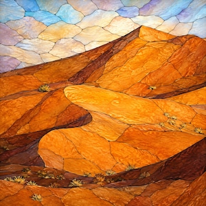 May include: A stained glass panel depicting a desert landscape with rolling orange and brown sand dunes under a sky filled with light blue, white, and lavender clouds. The scene is composed of numerous glass segments joined by dark lead lines.