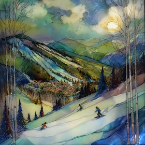 May include: A square wall art piece featuring a vibrant, alcohol ink-style painting of a snowy mountain ski resort. The scene depicts three skiers on a slope, a small village nestled in the valley, and tall, bare trees framing the landscape.