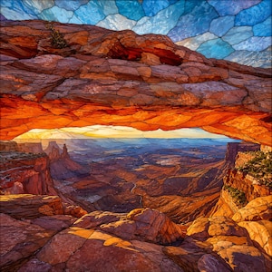 May include: A stained glass art piece depicting a desert canyon landscape with a natural rock arch formation. The scene features vibrant orange and red rock textures, a bright yellow horizon, and a deep blue sky, all segmented by dark lead lines.