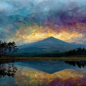 May include: A digital art print depicting a mountain peak reflected in a calm lake. The sky features a vibrant, mosaic-style blend of blue, purple, and gold hues with scattered white stars. Dark green pine trees frame the landscape on both sides.