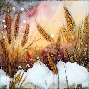 May include: A square art piece featuring golden wheat stalks rising from a textured white snowy base. The background displays a blended gradient of soft pink, orange, and deep purple hues with scattered white circular spots throughout the scene.
