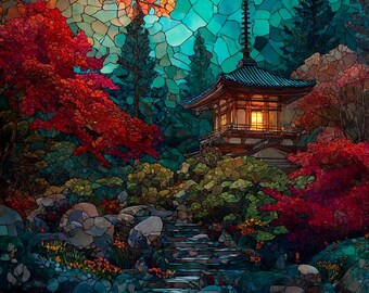 Eikando Koyo Ceramic Tile, Kyoto Wall Art, Stained Glass Wall Art, Kyoto Travel Gift, Gift for Kyoto Traveler