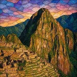 May include: A stained glass art piece depicting the ancient stone ruins of Machu Picchu nestled against a towering mountain peak. The sky is composed of purple, blue, and orange glass segments, while the mountain and structures feature earthy brown, green, and grey tones.