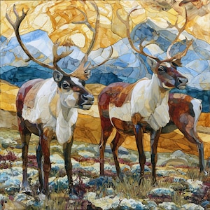 May include: A mosaic-style artwork depicting two reindeer with large antlers standing in a rocky landscape. The animals feature patches of white, brown, and dark gray. The background shows stylized blue mountains and golden yellow sky segments.