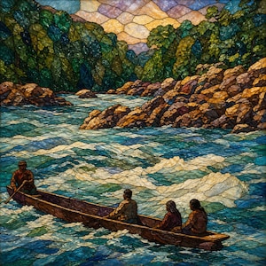 May include: A stained glass panel depicting a long wooden canoe carrying four individuals across turbulent blue and white water. The background features rocky brown shorelines and a dense forest of green trees under a pale yellow sky.