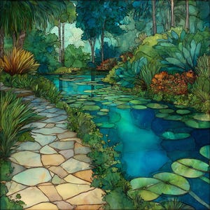 May include: A vibrant illustration of a tranquil pond filled with green lily pads, bordered by a winding stone path made of irregular tan and gray flagstones. Lush tropical foliage, tall trees, and patches of orange shrubs surround the water.
