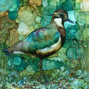 May include: A detailed painting of a bird with iridescent teal and brown feathers, a dark head, and a thin crest. The bird stands among green foliage and small plants against a background of abstract circular patterns in shades of green and gold.