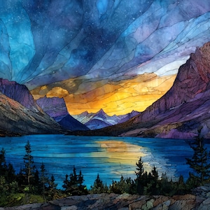 May include: A stained glass art piece depicting a mountain lake landscape at sunset. The scene features deep blue and purple mountains, a bright yellow horizon, a reflective blue lake, and dark silhouettes of pine trees under a starry sky.