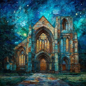 May include: An artistic painting of a cathedral under a starry night sky. The building features arched windows with stained glass in warm tones, and a large wooden door. The color palette includes blues, browns, and golds, creating a mystical atmosphere.