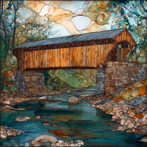 May include: A stained glass panel depicting a wooden covered bridge spanning a rocky stream. The bridge features vertical brown slats and a dark roof, set against a backdrop of trees and a cloudy sky, with stone abutments on both sides.