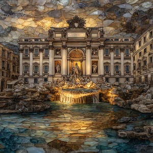 May include: A mosaic depiction of the Trevi Fountain in Rome, Italy. The artwork features the fountain's architecture, statues, and cascading water, with a sky of mosaic tiles. The water is a mix of blue and green, reflecting the golden light.