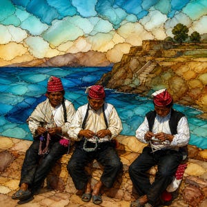 May include: Three individuals wearing white shirts, dark trousers, and red patterned caps sit on a stone wall while knitting. The background features a blue sea and a rocky landscape under a sky filled with stylized, cloud-like shapes.