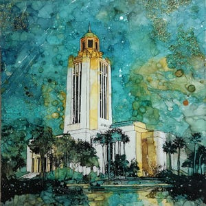 May include: An artistic illustration of a tall, multi-story building with a central tower, rendered in white and yellow tones. The structure is surrounded by dark green trees against a vibrant, swirling teal and blue background with gold glitter.