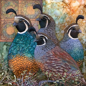 May include: A vibrant illustration featuring four California quail birds with distinct crests. The birds display intricate plumage in shades of teal, orange, brown, and gray, set against a textured background of geometric patterns and mottled colors.