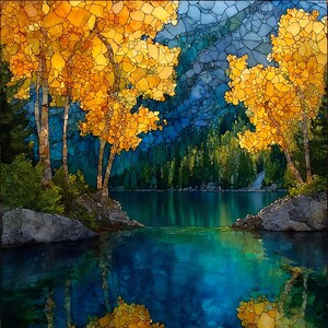 May include: A stained glass style artwork depicting a serene lake scene with vibrant yellow autumn trees on the rocky banks. The deep blue water reflects the trees and the dark mountain backdrop, creating a mosaic effect with dark lead lines.