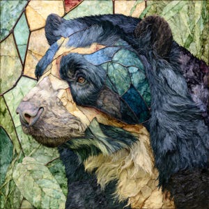 May include: A square wall art piece featuring a stylized bear portrait constructed from layered, textured paper segments in shades of black, blue, cream, and green, outlined with dark lines to resemble a stained glass or mosaic composition.