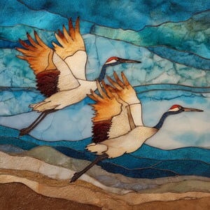 May include: A stained glass panel depicting two cranes in flight against a textured blue sky. The birds feature white bodies, dark blue necks, red crowns, and amber-toned wings. The background includes layered blue and tan glass segments.