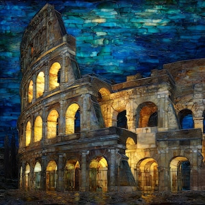 May include: An artistic rendering of the Colosseum in Rome, Italy, with a mosaic-like effect. The image features the iconic amphitheater in shades of brown and gold, illuminated by warm light, set against a deep blue sky.