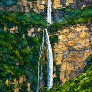 May include: A multi-layered artistic depiction of a waterfall cascading down a rugged cliff face. The scene features textured rock formations in shades of tan and brown, contrasted by dense, vibrant green foliage and deep blue shadows.