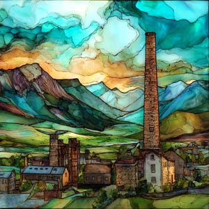 May include: A vibrant alcohol ink painting depicting an industrial landscape with a tall brick chimney and stone buildings nestled before a range of jagged mountains under a dramatic sky filled with swirling clouds of turquoise, gold, and orange.