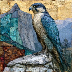 May include: A textured painting of a peregrine falcon perched on a rock. The bird has blue and cream feathers. The background features a stylized mountain landscape with geometric stained glass patterns in shades of blue, gold, and brown.