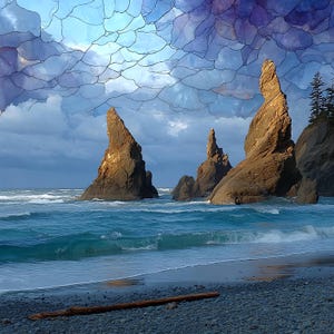 May include: A coastal landscape featuring tall, jagged brown rock formations rising from turquoise ocean waves. The shoreline consists of dark pebbles and a single piece of driftwood. Above, the sky displays a unique, cracked blue pattern.