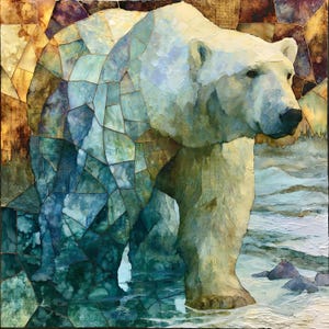 May include: A square wall art piece featuring a polar bear rendered in a mosaic style. The bear is composed of geometric shards in shades of white, blue, and teal, set against a background of warm amber and brown tones with a textured finish.