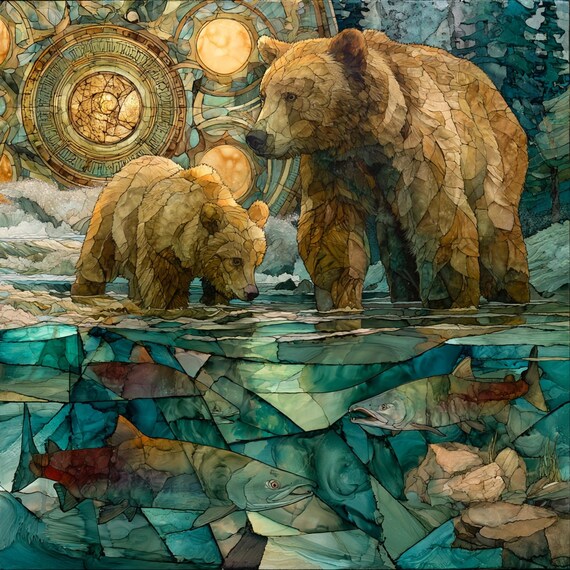 Bear Family Salmon Fishing Ceramic Tile, National Park Bears Wall Art Gift for Park Lover