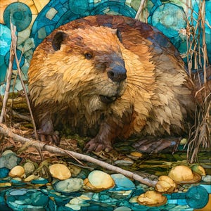 May include: A mosaic-style illustration of a brown beaver with textured fur, positioned near a water's edge with light-colored stones, thin wooden branches, and a background featuring circular patterns in shades of blue and gold.