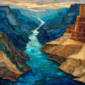May include: A textured wall art piece depicting a canyon landscape with a central river. The left side features deep blue and teal rock formations, while the right side displays golden-brown cliffs. The river is composed of mosaic-like blue segments.