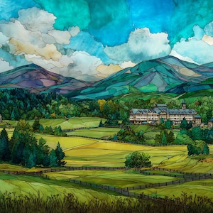 May include: A stained glass style illustration of a large building nestled in a valley with rolling green hills, fenced pastures, and dense forests. The background features layered purple and blue mountains under a bright teal and white sky.