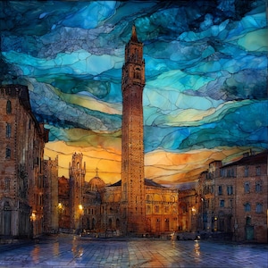 May include: An artistic rendering of a European city square at dusk. The image features a tall brick tower, buildings, and a cobblestone street under a sky of blues, oranges, and yellows. The style resembles a watercolor painting.