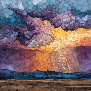 May include: A mosaic artwork depicting a sunset or sunrise scene. The sky transitions from blue to purple and orange, with golden lightning bolts. The mosaic is composed of irregular pieces, creating a textured effect. The bottom features a dark blue and brown landscape.