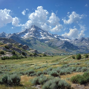 May include: A landscape painting of a jagged mountain peak with snow-capped ridges rising above a green valley. The foreground features sagebrush and dry grasses under a bright blue sky filled with white, fluffy clouds. A small town is visible.