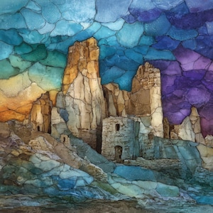 May include: An abstract painting of a stone castle and rock formations under a colorful sky. The artwork features a palette of blues, purples, and browns, with a textured, mosaic-like appearance. The castle has a few windows.