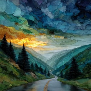 May include: A landscape art print featuring a winding road leading through a valley of green mountains and dark pine trees under a dramatic sky with layers of blue, teal, and golden yellow clouds that transition into a deep starry night.